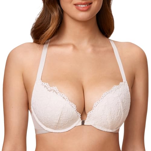 DOBREVA Damen Vorderverschluss BH mit Bügel Push Up Spitzen Neckholder BHS Racerback Tiefer Ausschnitt Gepolsterter Kokosnuss Weiß 70AA von DOBREVA