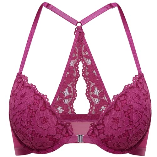 DOBREVA Damen Vorderverschluss BH mit Bügel Push Up Spitzen Neckholder BHS Racerback Tiefer Ausschnitt Gepolsterter Magenta Violett 70AA von DOBREVA