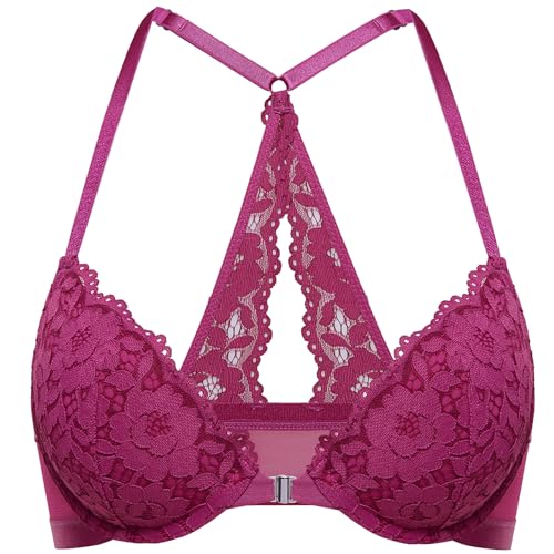 DOBREVA Damen Vorderverschluss BH mit Bügel Push Up Spitzen Neckholder BHS Racerback Tiefer Ausschnitt Gepolsterter Magenta Violett 85B DOBREVA Damen Vorderverschluss BH mit Bügel Push Up Spitzen Neckholder BHS Racerback Tiefer Ausschnitt Gepolsterter Magenta Violett 85B von DOBREVA