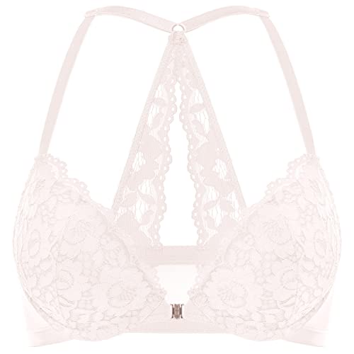 DOBREVA Damen Vorderverschluss BH mit Bügel Push Up Spitzen Neckholder BHS Racerback Tiefer Ausschnitt Gepolsterter Rose White 80A von DOBREVA