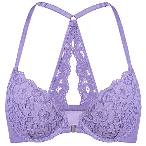 DOBREVA Damen Vorderverschluss BH mit Bügel Push Up Spitzen Neckholder BHS Racerback Tiefer Ausschnitt Gepolsterter Seerose Lila 75E von DOBREVA