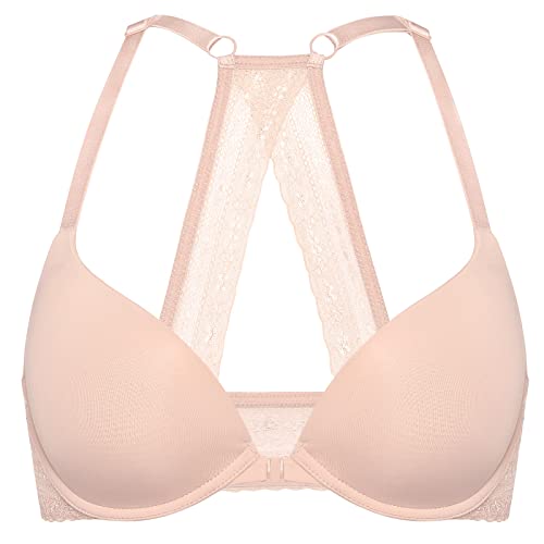 DOBREVA Damen Vorderverschluss Push Up BH mit Bügel Soft T Shirt Tiefen Ausschnitt BHS Neckholder Gepolsterter Blush Beige 75AA von DOBREVA