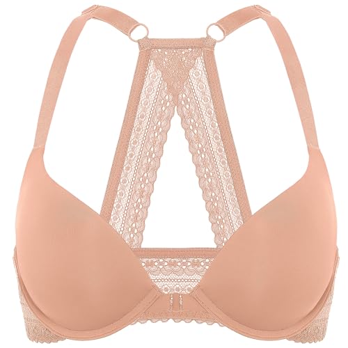 DOBREVA Damen Vorderverschluss Push Up BH mit Bügel Soft T Shirt Tiefen Ausschnitt BHS Neckholder Gepolsterter Grapefruit Orange 70B von DOBREVA