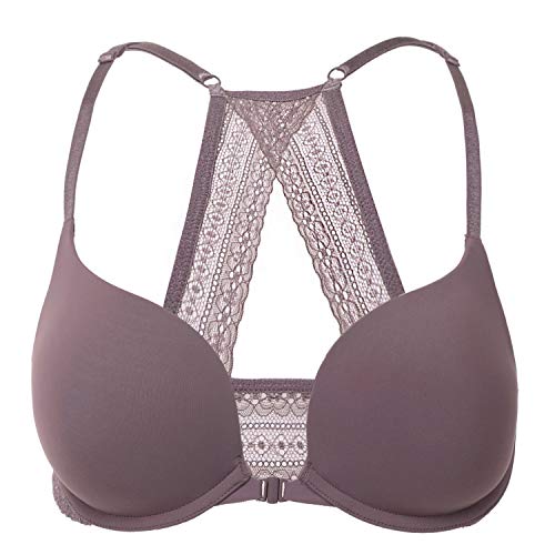 DOBREVA Damen Vorderverschluss Push Up BH mit Bügel Soft T Shirt Tiefen Ausschnitt BHS Neckholder Gepolsterter Kakao erröten 75D von DOBREVA