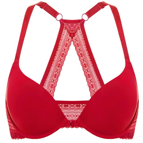 DOBREVA Damen Vorderverschluss Push Up BH mit Bügel Soft T Shirt Tiefen Ausschnitt BHS Neckholder Gepolsterter Lippenstift Rot 80D von DOBREVA