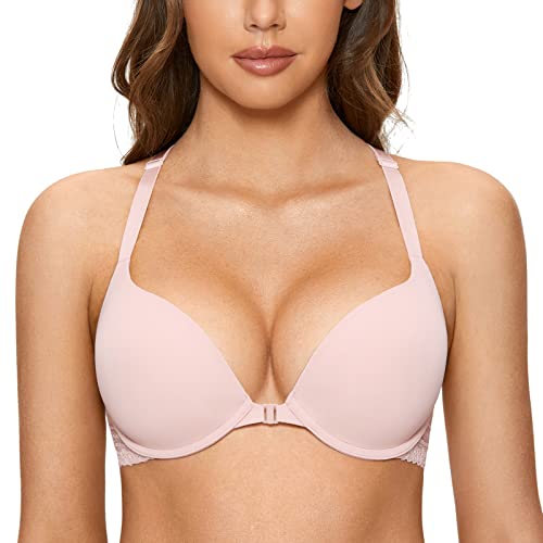 DOBREVA Damen Vorderverschluss Push Up BH mit Bügel Soft T Shirt Tiefen Ausschnitt BHS Neckholder Gepolsterter Nacktes Rosa 70D von DOBREVA