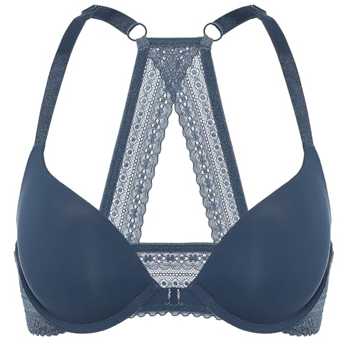 DOBREVA Damen Vorderverschluss Push Up BH mit Bügel Soft T Shirt Tiefen Ausschnitt BHS Neckholder Gepolsterter Sargasso 80D von DOBREVA