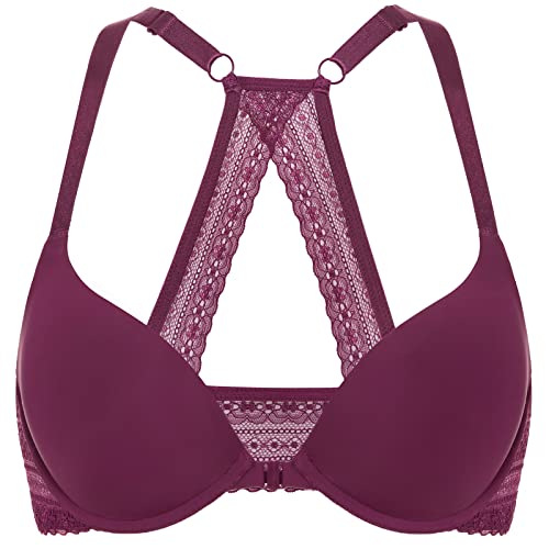 DOBREVA Damen Vorderverschluss Push Up BH mit Bügel Soft T Shirt Tiefen Ausschnitt BHS Neckholder Gepolsterter Traubenwein 75AA von DOBREVA