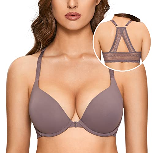 DOBREVA Damen Vorderverschluss Push Up BH mit Bügel Soft T Shirt Tiefen Ausschnitt BHS Neckholder Gepolsterter Kakao erröten 75A von DOBREVA