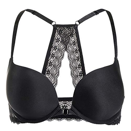 DOBREVA Damen Vorderverschluss Push Up BH mit Bügel Soft T Shirt Tiefen Ausschnitt BHS Neckholder Gepolsterter Schwarz 85C von DOBREVA