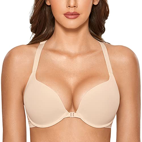 DOBREVA Damen Vorderverschluss Push Up BH mit Bügel Soft T Shirt Tiefen Ausschnitt BHS Neckholder Gepolsterter Beige 75C von DOBREVA