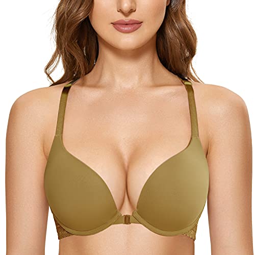 DOBREVA Damen Vorderverschluss Push Up BH mit Bügel Soft T Shirt Tiefen Ausschnitt BHS Neckholder Gepolsterter Kaffeelikör 85B von DOBREVA