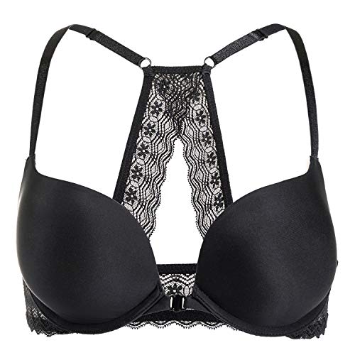 DOBREVA Damen Vorderverschluss Push Up BH mit Bügel Soft T Shirt Tiefen Ausschnitt BHS Neckholder Gepolsterter Schwarz 70C von DOBREVA