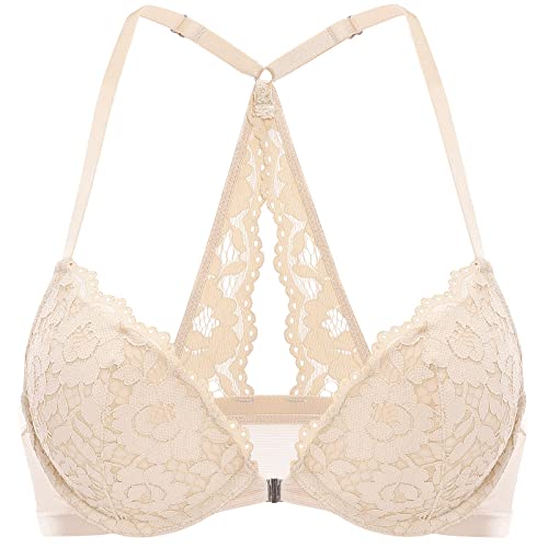DOBREVA Damen Vorderverschluss BH mit Bügel Push Up Spitzen Neckholder BHS Racerback Tiefer Ausschnitt Gepolsterter Beige 75B von DOBREVA