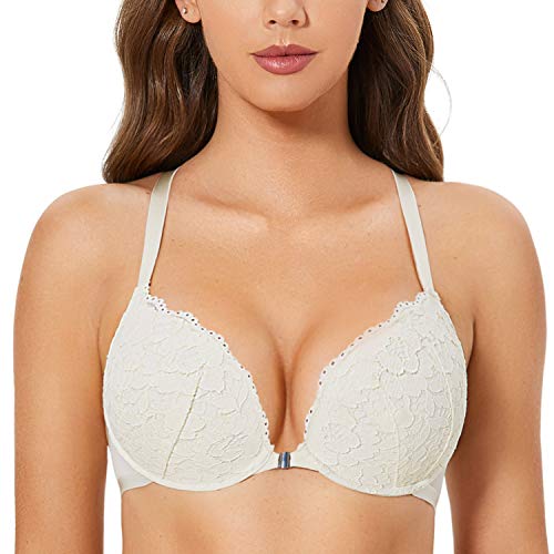 DOBREVA Damen Vorderverschluss BH mit Bügel Push Up Spitzen Neckholder BHS Racerback Tiefer Ausschnitt Gepolsterter Elfenbein 70AA von DOBREVA