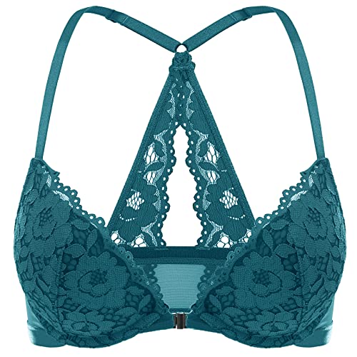 DOBREVA Damen Vorderverschluss BH mit Bügel Push Up Spitzen Neckholder BHS Racerback Tiefer Ausschnitt Gepolsterter Fichtengrün 80A von DOBREVA