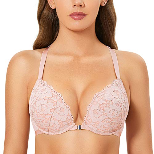 DOBREVA Damen Vorderverschluss BH mit Bügel Push Up Spitzen Neckholder BHS Racerback Tiefer Ausschnitt Gepolsterter Nacktes Rosa 70E von DOBREVA