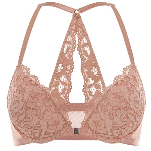 DOBREVA Damen Vorderverschluss BH mit Bügel Push Up Spitzen Neckholder BHS Racerback Tiefer Ausschnitt Gepolsterter Sahnekaffee 80AA von DOBREVA