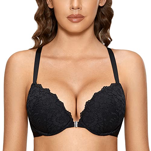 DOBREVA Damen Vorderverschluss BH mit Bügel Push Up Spitzen Neckholder BHS Racerback Tiefer Ausschnitt Gepolsterter Schwarz 70D von DOBREVA