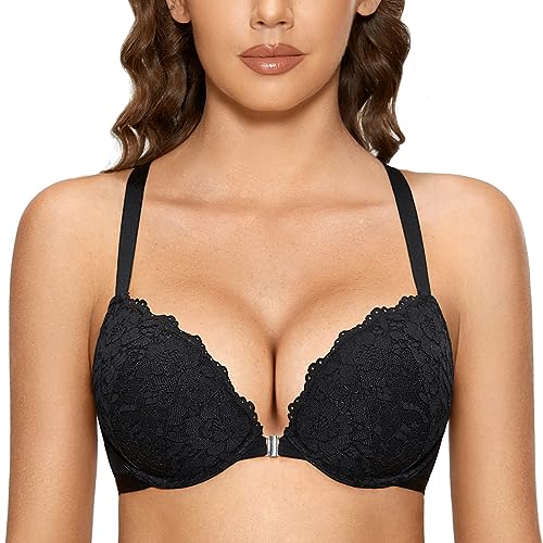DOBREVA Damen Vorderverschluss BH mit Bügel Push Up Spitzen Neckholder BHS Racerback Tiefer Ausschnitt Gepolsterter Schwarz 85B von DOBREVA
