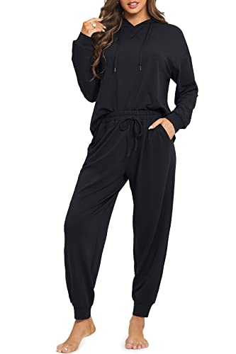DOBREVA Damen Zweiteiliger Schlafanzug Langarm Oberteil mit Kapuze und Lang Hose mit Taschen Schwarz 42 von DOBREVA