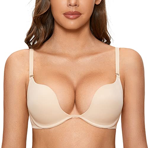 DOBREVA Damen mit Bügel Deep U Push Up Plunge BH Sexy Gepolstert Tshirt Beige 70B von DOBREVA