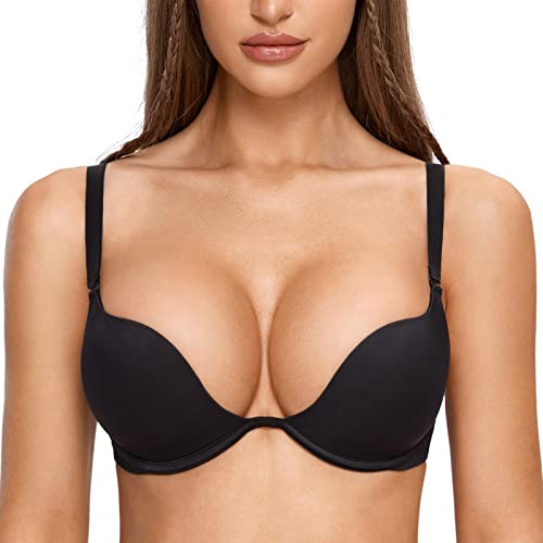 DOBREVA Damen mit Bügel Deep U Push Up Plunge BH Sexy Gepolstert Tshirt Schwarz 75A von DOBREVA