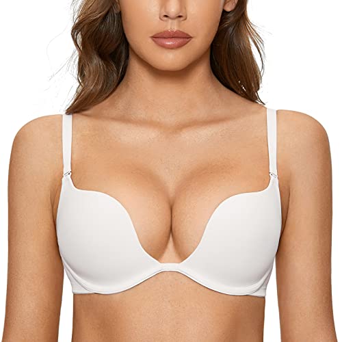 DOBREVA Damen mit Bügel Deep U Push Up Plunge BH Sexy Gepolstert Tshirt Weiss 70D von DOBREVA