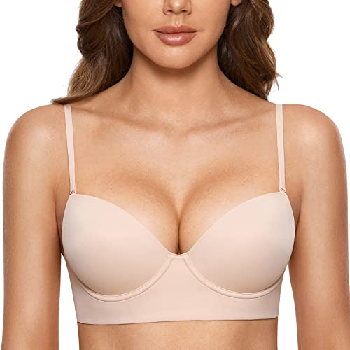 DOBREVA Damen tiefer Rücken BH Leicht Gepolstert Bügel T Shirt BHS Neckholder Unsichtbar Rückenfrei Beige 80C von DOBREVA