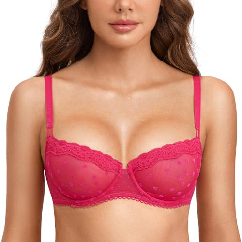 DOBREVA Sexy BH Damen mit Bügel Dirndl Balconette Push Up Spitzen Grosse Grössen ohne Einlagen Durchsichtiger Helle Rose 75C von DOBREVA