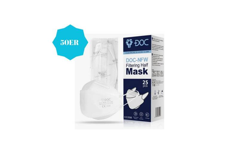 DOC Mund-Nasen-Masken FFP2 Masken Einzeln Verpackt Mundschutz Atemschutz Maske [50ER], 50-St., Zur einmaligen Nutzung geeignet (bis max. 8 Stunden) von DOC