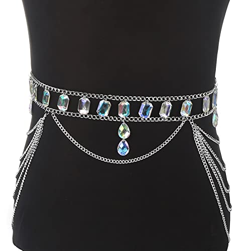 Körperketten Strass-Körperkette Damen Taillengürtel Kette Oberteil BH-Geschirr Bikini Wassertropfen-Bodychain Festival-Schmuck (Oberteil) (Gürtelkette) (Gürtelkette) von DOCOXI