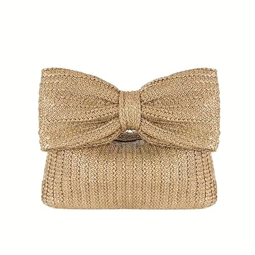DODAMOUR Boho Stroh-Clutch mit großem gewebtem Schleifengriff, minimalistische gewebte Handtasche, dient auch als Make-up-Tasche, kleine Reise-Abendtasche, passend für Handy, Lippenstift, Spiegel von DODAMOUR