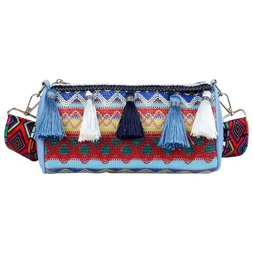 DODAMOUR Boho bestickte Zylinder-Umhängetasche, Colorblock-Quaste, Boston-Schultertasche mit verstellbarem geometrischem Riemen, ethnische kompakte Geldbörse für Handy, Lippenstift und Spiegel (blau) von DODAMOUR