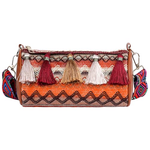 DODAMOUR Boho bestickte Zylinder-Umhängetasche, Colorblock-Quaste, Boston-Schultertasche mit verstellbarem geometrischem Riemen, ethnische kompakte Geldbörse für Handy, Lippenstift und Spiegel (Orange von DODAMOUR