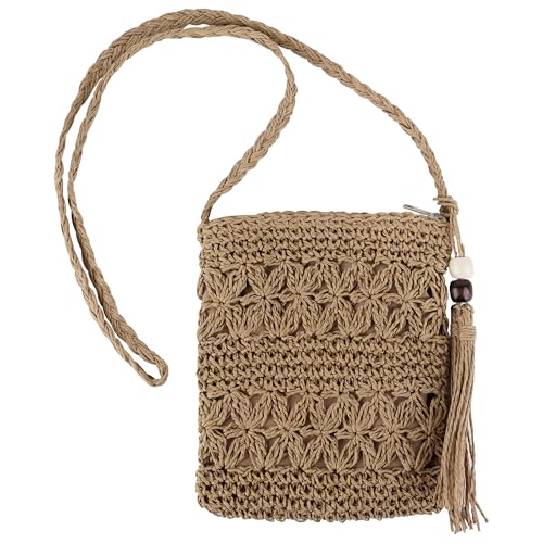 DODAMOUR Stroh-gewebte horizontale Schulter- und Crossbody-Tasche mit Perlenquaste, durchdachter Strand- oder Urlaubsbegleiter, kleine Reise-Geldbörse für Schlüssel, Lippenstift oder Karten (braun) von DODAMOUR