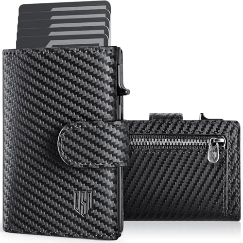 DODENSHA Kreditkartenetui geldbörse Herren RFID-Kreditkartenetui mit Münzfach, automatisches Pop-up-Kartenetui aus Aluminium für 8-10 Karten, Ausweisfenster | Carbon von DODENSHA