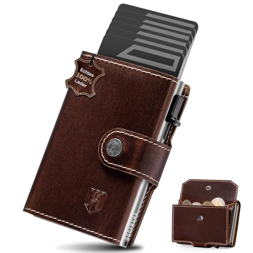 DODENSHA Slim Wallet mit XL-Münzfach | Herren Geldbörse mit Knopf | Wallets for Men | Portmonee Herren mit Ticket Fach | Pop-up-Kreditkartenetui Geldbeute für 7-9 Karten | RFID Schutz I BraunSilber von DODENSHA