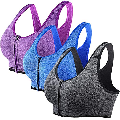 DODOING Damen Sport BH Starker Halt Reißverschluss Gepolstert BH ohne Bügel Push Up BH für Top Yoga Fitness Training, 1/2/3er Pack von DODOING