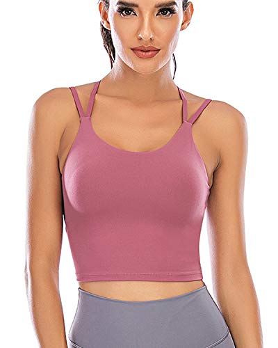 DODOING Gepolsterter Sport-BH für Damen, mittlere Unterstützung, drahtlos, Yoga, Laufen, Workout, Bauchfreies Tank-Top, BH, Longline, Camisole Gr. S, #1 Violett von DODOING