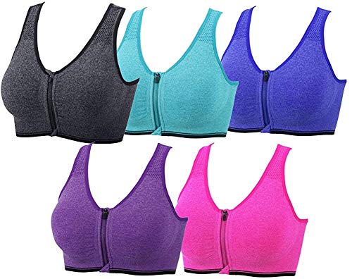 DODOING Sport-BH mit Reißverschluss vorne, nach Operationen, BH, Yoga-BH, Workout, Fitness, Activewear, Racerback, gepolsterte BHs für Damen, 1# 5er-Pack (grau+blau+rot+violett+grün), Large von DODOING