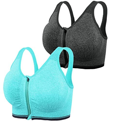 DODOING Sport-BH mit Reißverschluss vorne, nach Operationen, Yoga-BH, Workout, Fitness, Activewear, Racerback, gepolsterte BHs für Damen, Grau+Grün, Large von DODOING