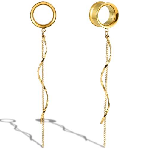 DOEARKO Ohr Flesh Tunnel 1 Paar Ohr Plugs mit Anhänger Edelstahl Ohrpiercing Gestreckte Schmuck Piercing Schmuck für Frauen und Männer （Gold，10mm） von DOEARKO
