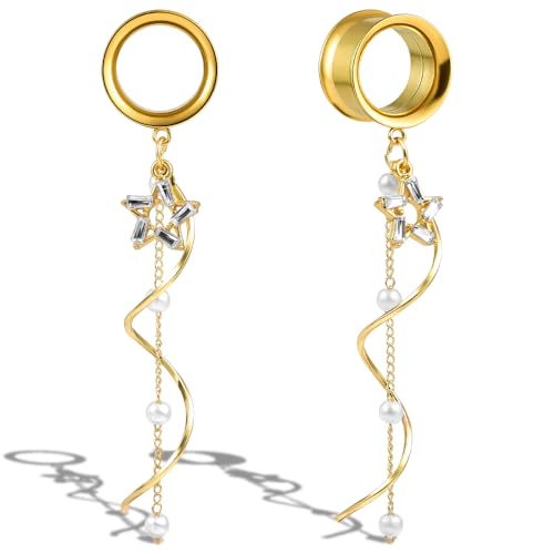 DOEARKO Ohr Flesh Tunnel 1 Paar Ohr Plugs mit Anhänger Edelstahl Stern Ohrpiercing Gestreckte Schmuck Piercing Schmuck für Frauen und Männer(8mm,Gold) von DOEARKO