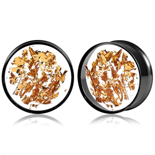 DOEARKO Ohr Flesh Tunnel 1 Paare Gold-Folie Ohr Tunnel Edelstahl Double Flared Ohr Plug Expander Ohrpiercing Gestreckte Schmuck für Frauen und Männer (Schwarz,12mm) von DOEARKO