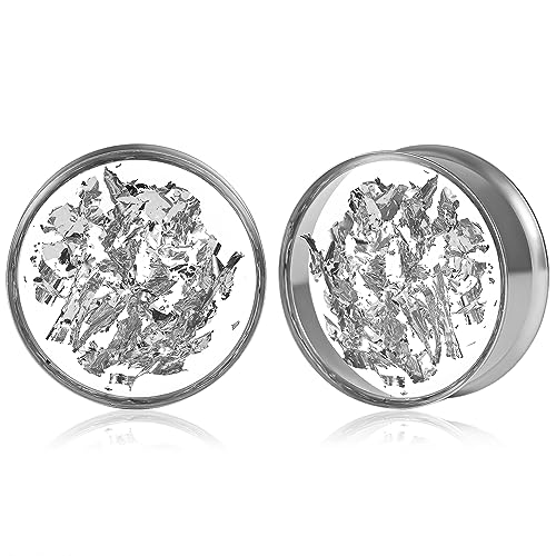 DOEARKO Ohr Flesh Tunnel 1 Paare Gold-Folie Ohr Tunnel Edelstahl Double Flared Ohr Plug Expander Ohrpiercing Gestreckte Schmuck für Frauen und Männer (Silber,14mm) von DOEARKO