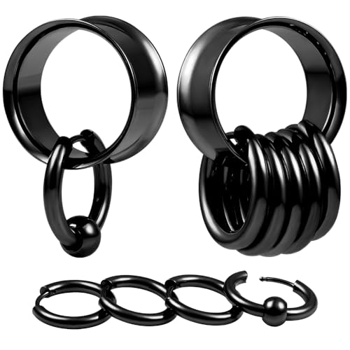 DOEARKO Flesh Tunnel 1 Paare Mit 10 Ringen Edelstahl Double Flared Ohr Plug Ohrpiercing Gestreckte Schmuck für Frauen und Männer 10mm Schwarz von DOEARKO