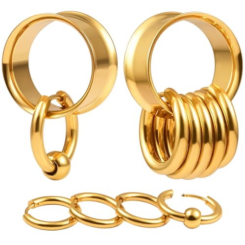 DOEARKO Ohr Flesh Tunnel 1 Paare Ohr Tunnel Plug mit 10 Ringen Edelstahl Double Flared Ohr Plug Ohrpiercing Gestreckte Schmuck für Frauen und Männer 8mm Gold von DOEARKO