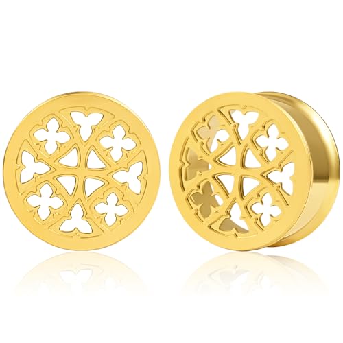 DOEARKO Ohr Flesh Tunnel Herz Double Flared Hohl Edelstahl Ohr Tunnel Plug Gestreckte Expander Stretching Ohr Piercing Schmuck für Frauen und Männer (Gold,10mm) von DOEARKO