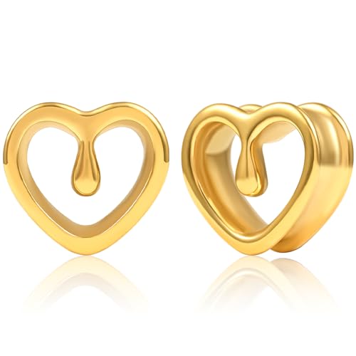 DOEARKO Ohr Tunnel Herzform Ohr Flesh Tunnel Plug Edelstahl Double Flared Plugs Tunnels Stretchers Expander Piercing Schmuck für Männer und Männer 8-19mm (Gold-1, 16mm) von DOEARKO